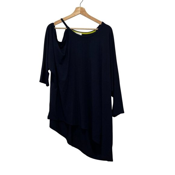 NWT Refinity Navy Blue Asymmetrical Cut out Shoulder 3/4 Sleeves Women's Top Siz - Picture 1 of 9